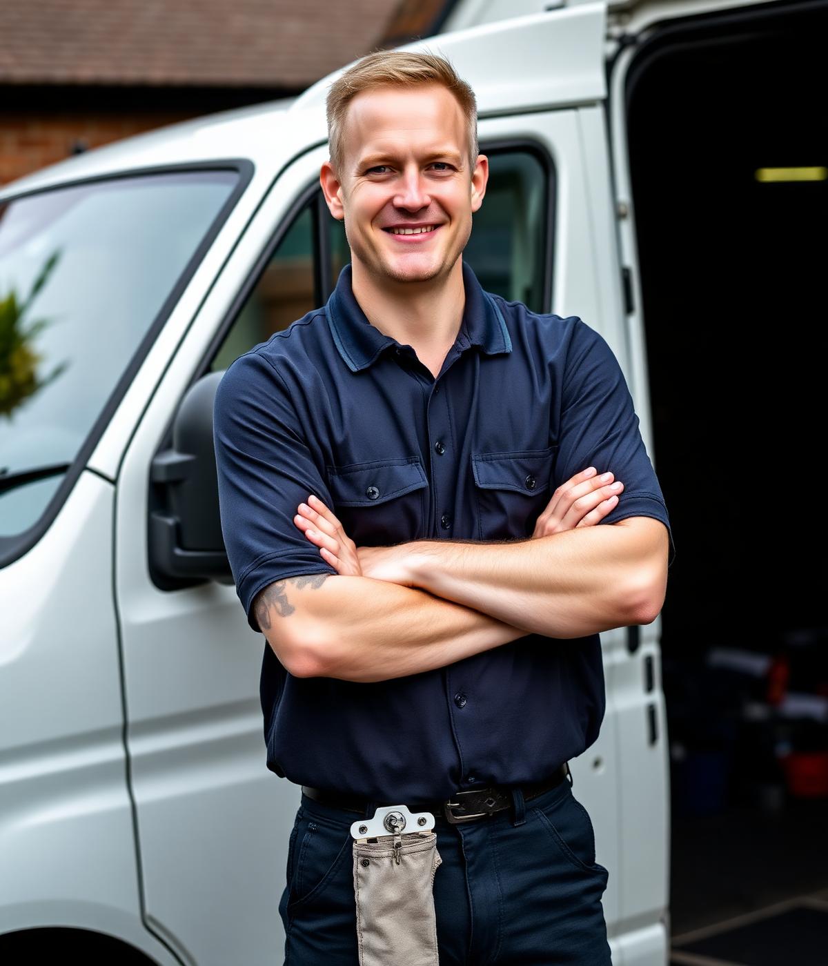 James Snow, SV Autos mobile mechanic, on a driveway with the service van